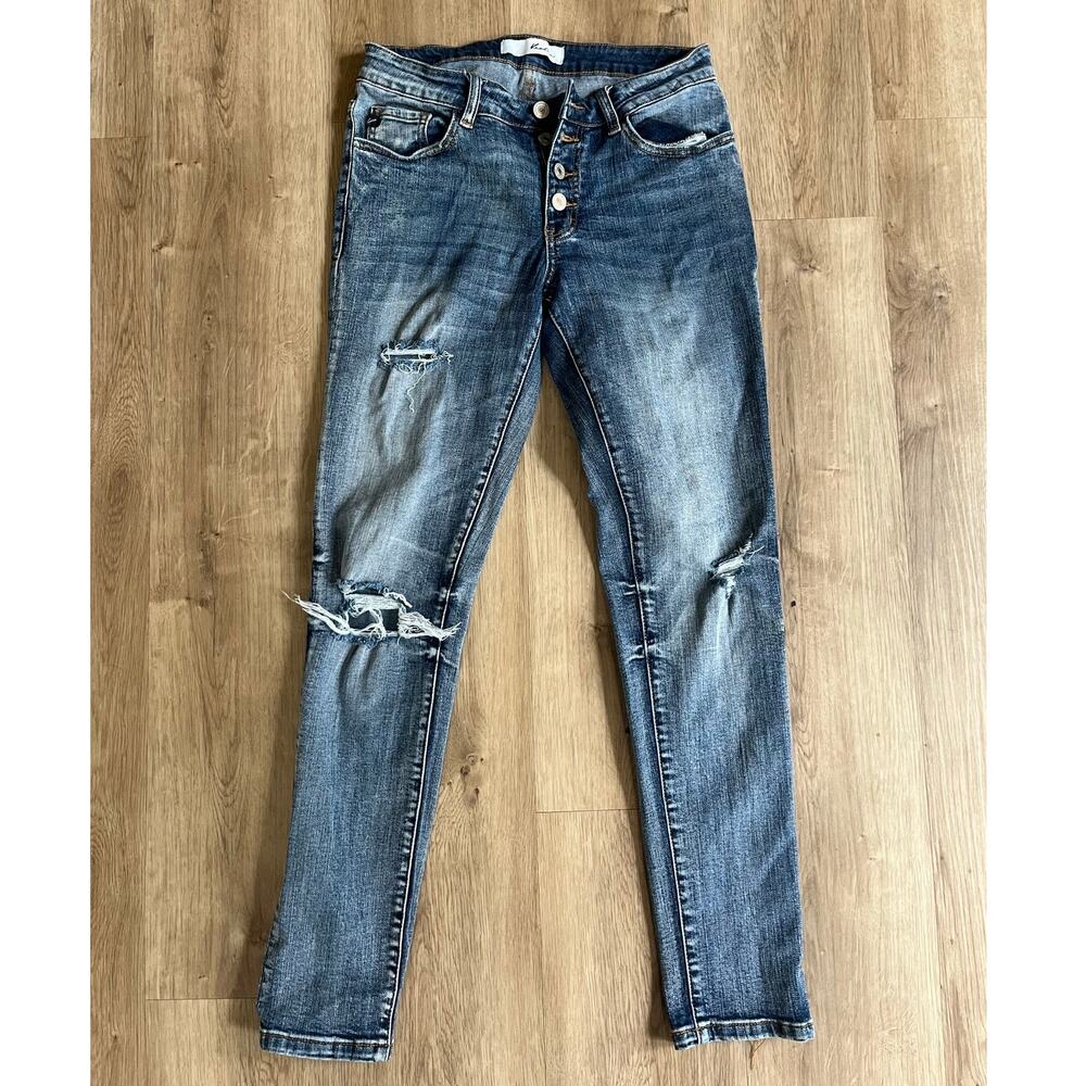 KanCan Women's Size 5/26 Distressed Button Fly Mid Rise Ankle Skinny Jeans